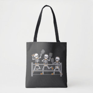 Funny Spooky Three Skeleton Playin Pickleball Gift Tote Bag