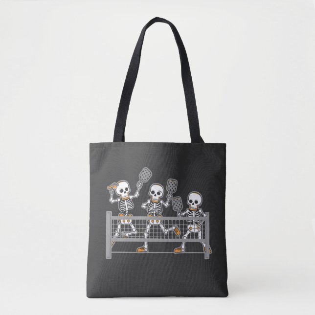 Funny Spooky Three Skeleton Playin Pickleball Gift Tote Bag (Front)