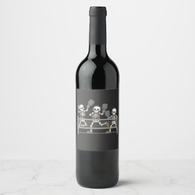 Funny Spooky Three Skeleton Playin Pickleball Gift Wine Label (Front)