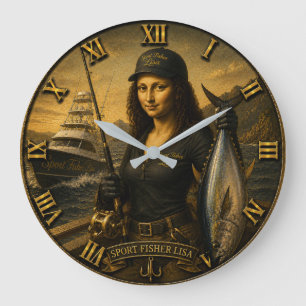 Funny Sport Fishing Mona Lisa Fisherman Gift  Large Clock