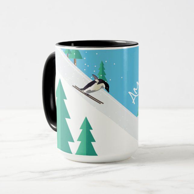 Funny Sporty Penguin on Ski Slopes Winter Snow Mug (Front Left)
