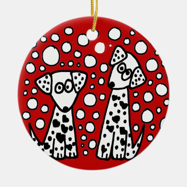 Funny Spotted Dogs with Hearts Ceramic Tree Decoration (Front)