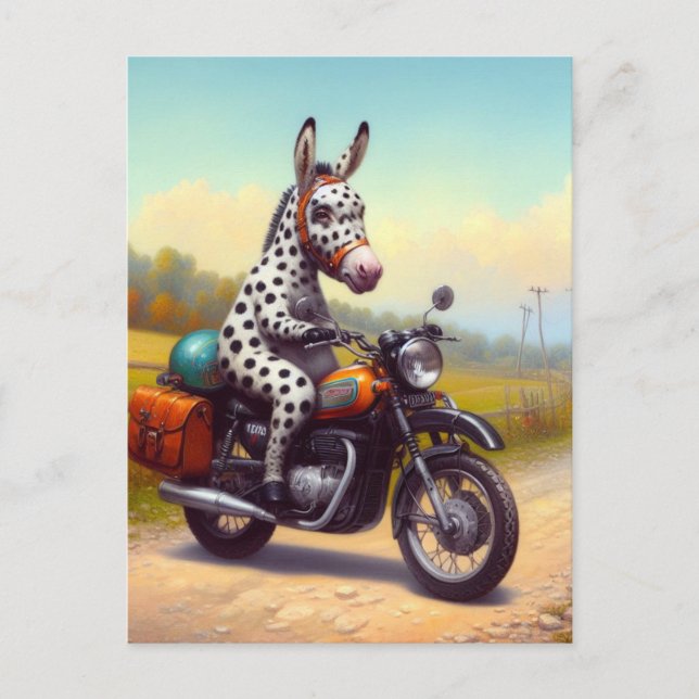 Funny Spotted Donkey on a Motorcycle Postcard (Front)