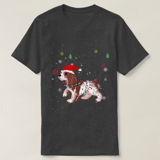 Funny Springer Spaniel Dog Santa Hat Christmas Lig T-Shirt (Design Front)