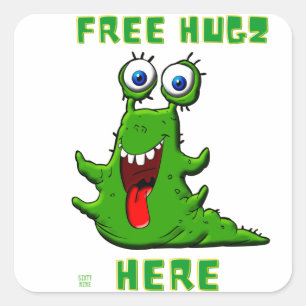 funny square sticker "FREE HUGZ..."