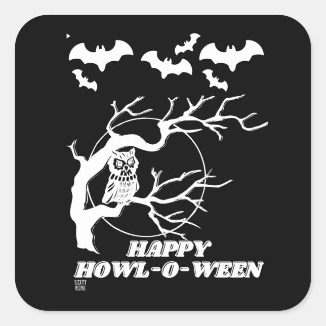 funny square sticker  "HAPPY HOWL-O-WEEN" (Front)