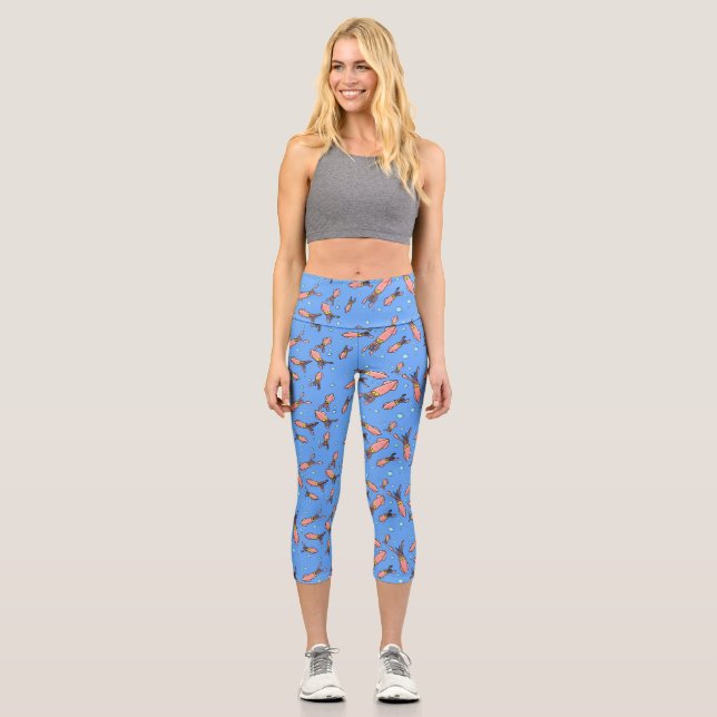 Funny squid school with bubbles cartoon capri leggings (Front)