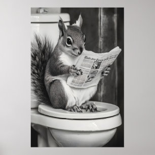 Funny Squirrel Bathroom Print, Reading Newspaper Poster