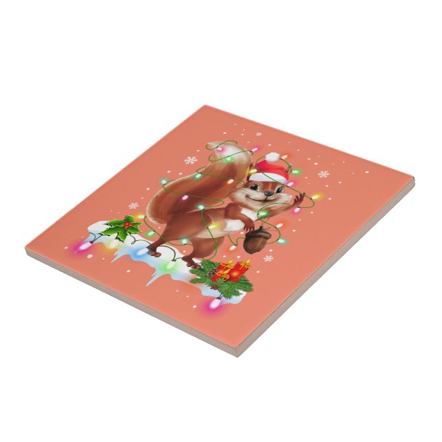 Funny Squirrel Christmas Decorations Santa Hat Xma Ceramic Tile (Side)