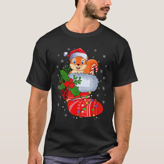 Funny Squirrel In Christmas Socks Santa Claus Ligh T-Shirt (Front)