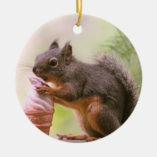 Funny Squirrel Licking Ice Cream Cone Ceramic Ornament (Front)
