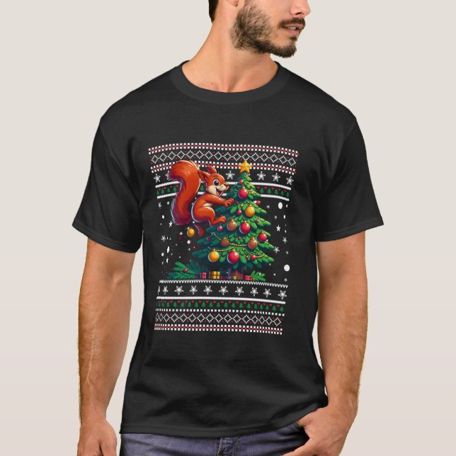 Funny Squirrel Ugly Christmas Tree Santa Hat Snowf T-Shirt (Front)