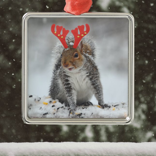 Funny Squirrel with Fake Antlers Christmas Ornamen Metal Ornament (Creator Uploaded)