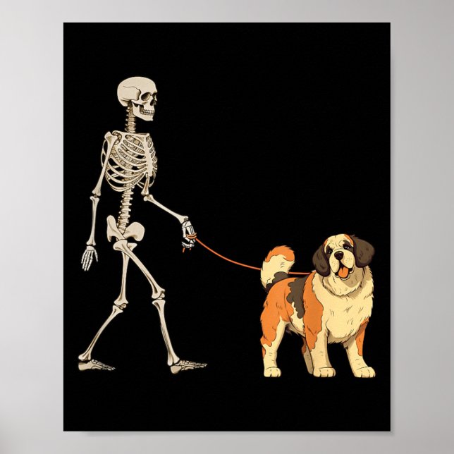 Funny St Bernard Skeleton Dog Walking Halloween Poster (Front)