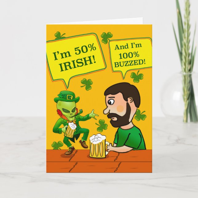 Funny St. Paddy’s Day Bud Dancing Alien Leprechaun Card (Front)