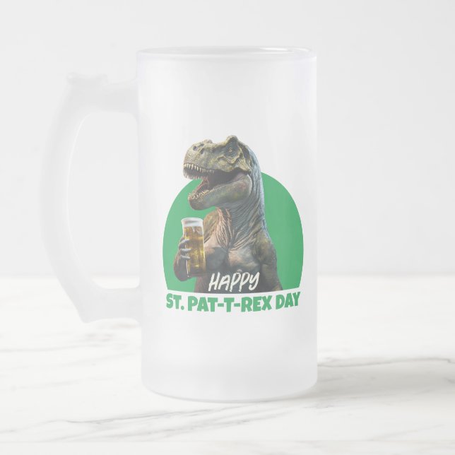 Funny St. Pat-T-Rex Celebration Beer-Loving Dino Frosted Glass Beer Mug (Left)
