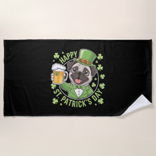 Funny St. Patrick’s Day Pug with Beer Mug Beach Towel