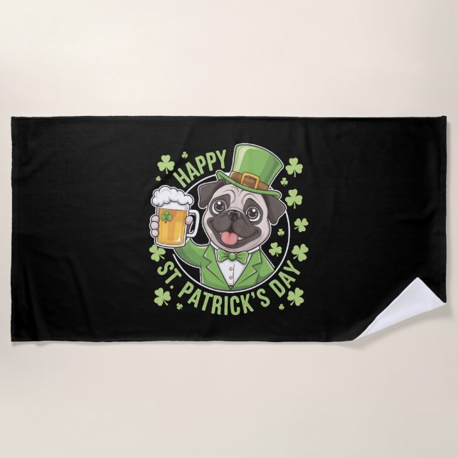 Funny St. Patrick’s Day Pug with Beer Mug Beach Towel (Front)