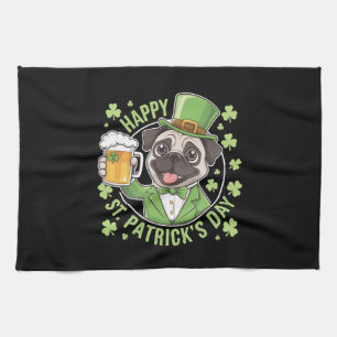 Funny St. Patrick’s Day Pug with Beer Mug Tea Towel