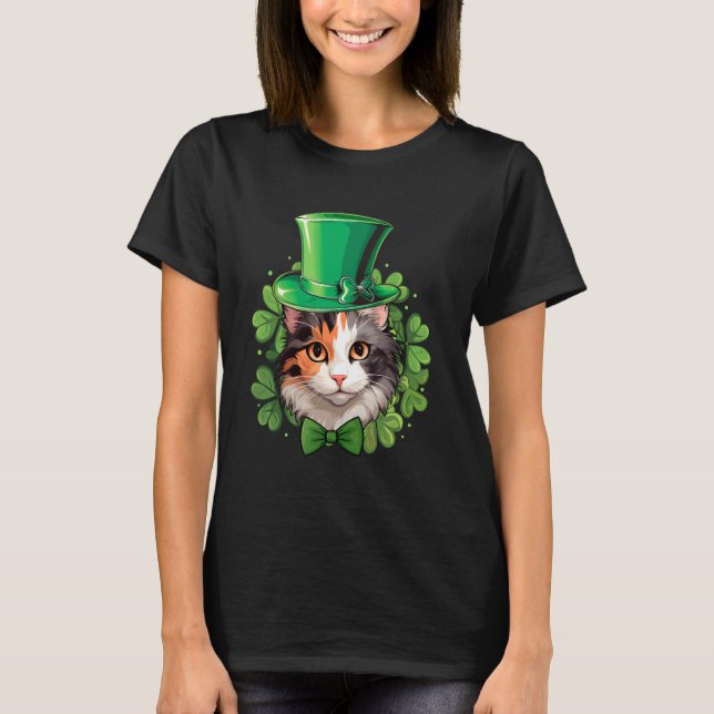 Funny St Patricks Calico Cat T-Shirt (Front)