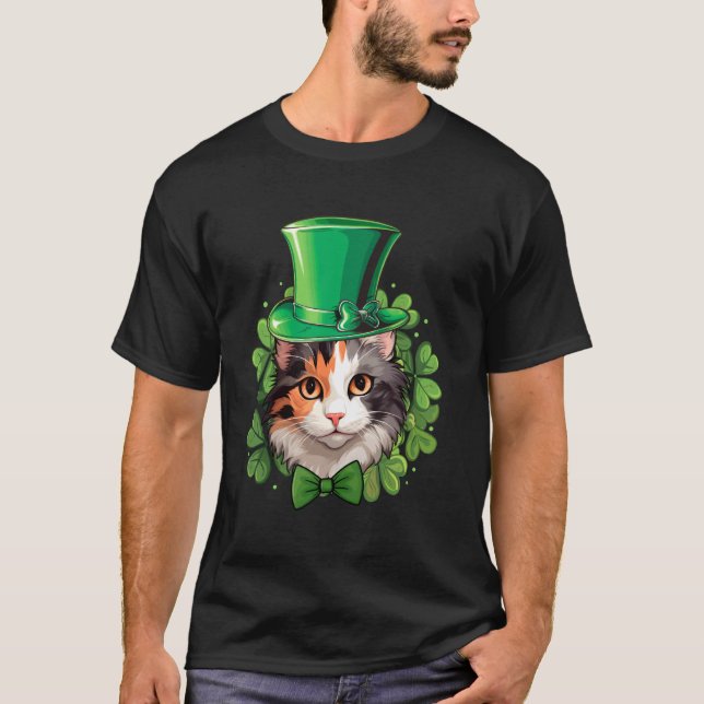 Funny St Patricks Calico Cat T-Shirt (Front)
