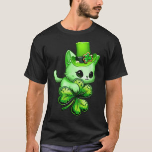 Funny St Patricks Day Cat Holding Shamrock St Patr T-Shirt