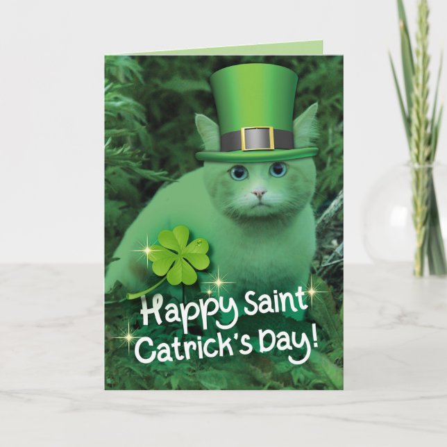 Funny St. Patrick's Day Green Cat With Hat Card (Front)