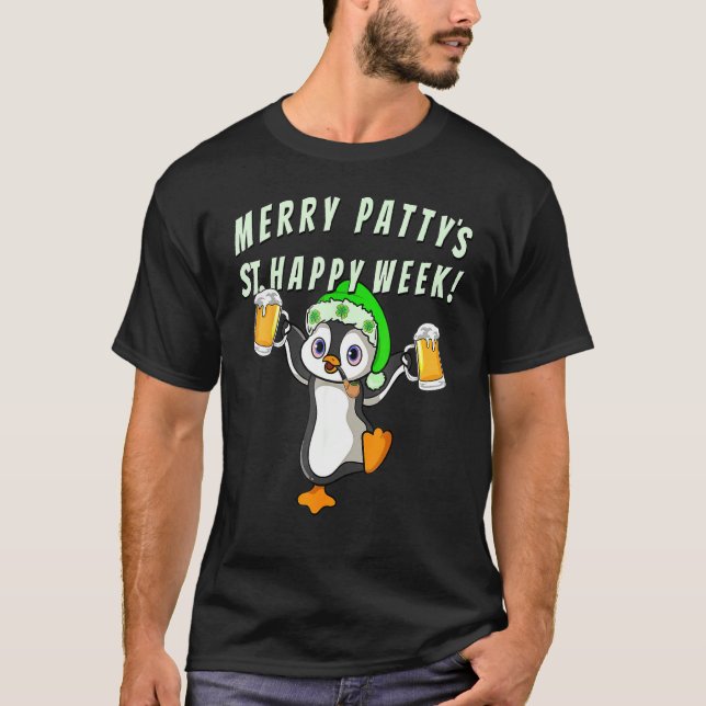 Funny St Patricks Day Party Penguin Drinking T-Shirt (Front)