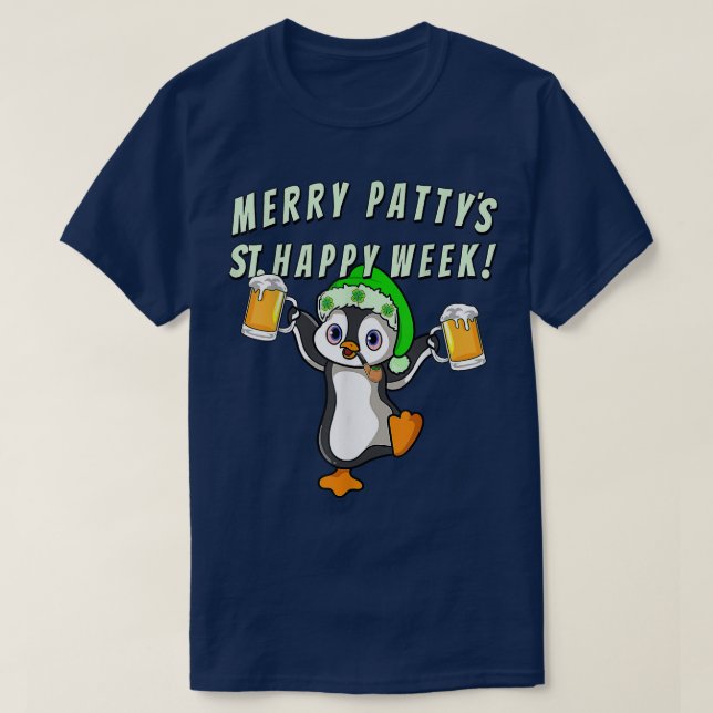 Funny St Patricks Day Party Penguin Drinking  T-Shirt (Design Front)