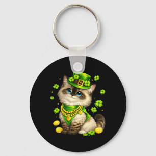 Funny St Patricks Day Ragdoll Cat Leprechaun Hat Key Ring