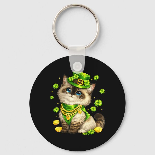 Funny St Patricks Day Ragdoll Cat Leprechaun Hat Key Ring (Front)