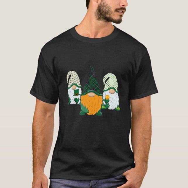 Funny St Patrick's Day Three Gnome Shamrock Green T-Shirt (Front)