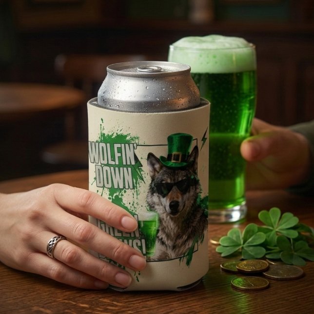 Funny St. Patrick's Day Wolf Can Cooler (Creator Uploaded)