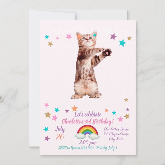 Funny standing playful kitten invitation (Front)