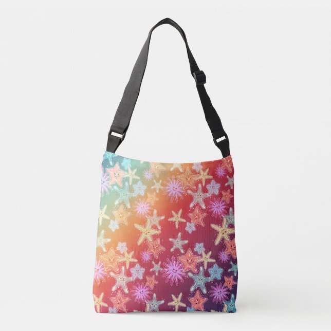 Funny Starfish in a colourful rainbow style patter Crossbody Bag (Front)