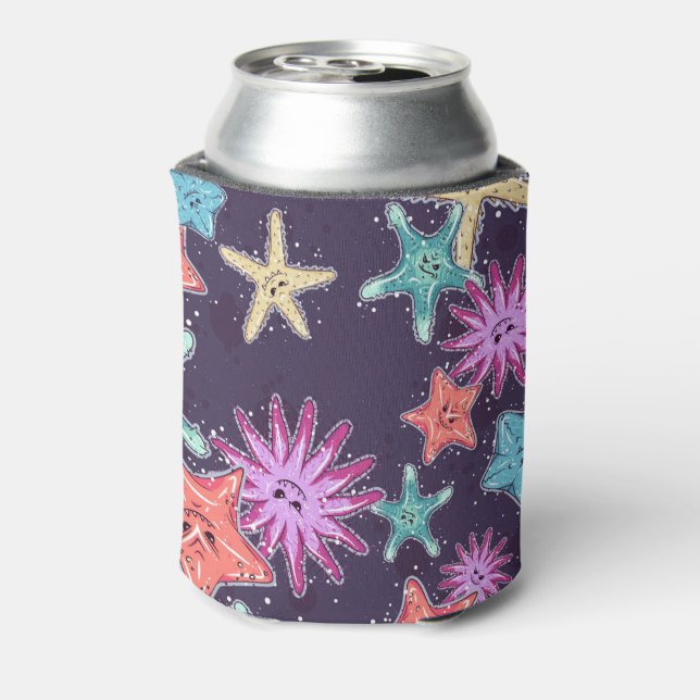 Funny Starfish pattern in a deep-coloured style Can Cooler (Can Back)