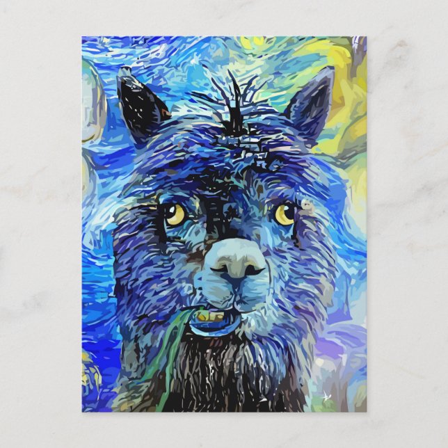 Funny Starry Night Alpaca Parody Portrait Postcard (Front)