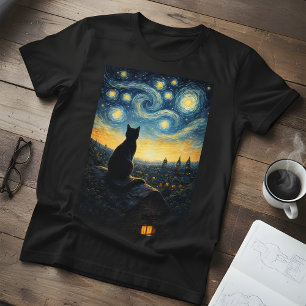 Funny Starry Night Black Cat & Swirling Sky T-Shirt