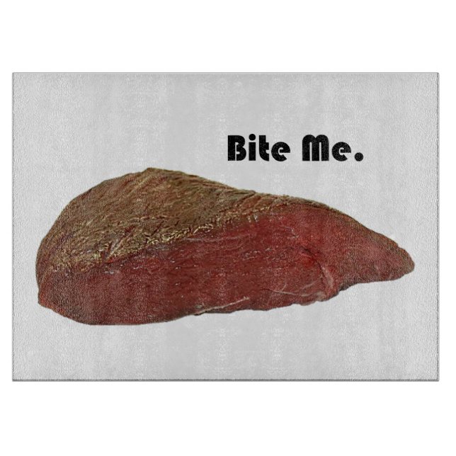Funny Steak Cartoon, “Bite Me” Meat Pun Design Cutting Board (Front)