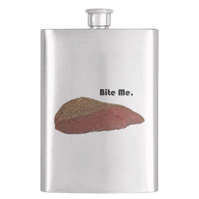 Funny Steak Cartoon, “Bite Me” Meat Pun Design Hip Flask (Front)