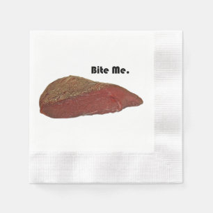 Funny Steak Cartoon, “Bite Me” Meat Pun Design Napkin