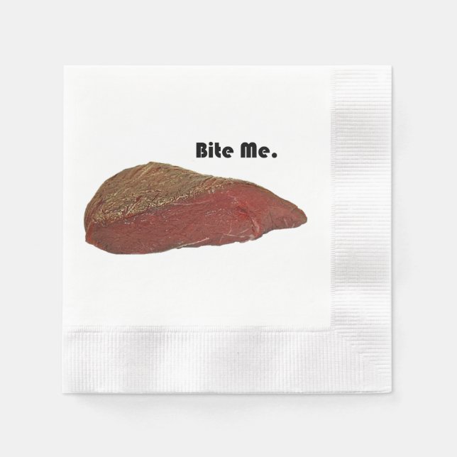 Funny Steak Cartoon, “Bite Me” Meat Pun Design Napkin (Front)