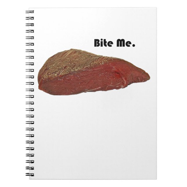 Funny Steak Cartoon, “Bite Me” Meat Pun Design Notebook (Front)