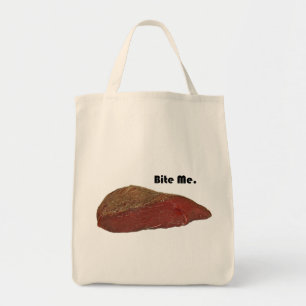 Funny Steak Cartoon, “Bite Me” Meat Pun Design Tote Bag