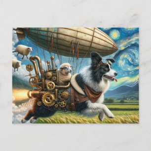 Funny Steampunk Border Collie With Sheep and Blimp Postcard