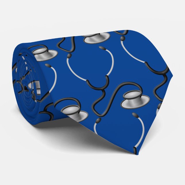 Funny stethoscope for doctor on dark royal blue tie (Rolled)