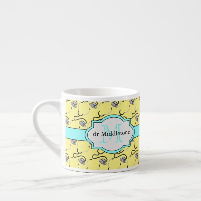 Funny stethoscopes for doctors on yellow name espresso cup (Left)