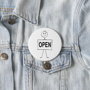 Funny Stick Figure Holding Open Sign 7.5 Cm Round Badge