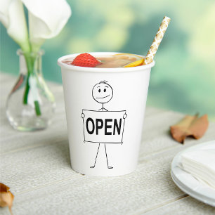 Funny Stick Figure Holding Open Sign Paper Cups