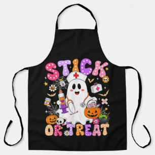 Funny Stick Or Treat Cute Nurse Ghost Halloween Apron